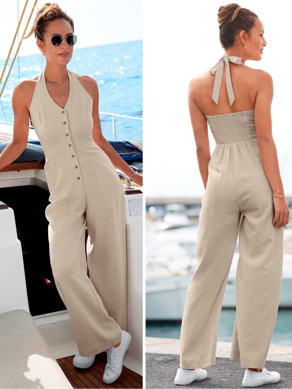 Lascana Linen Button Down Halterneck Jumpsuit In Sand